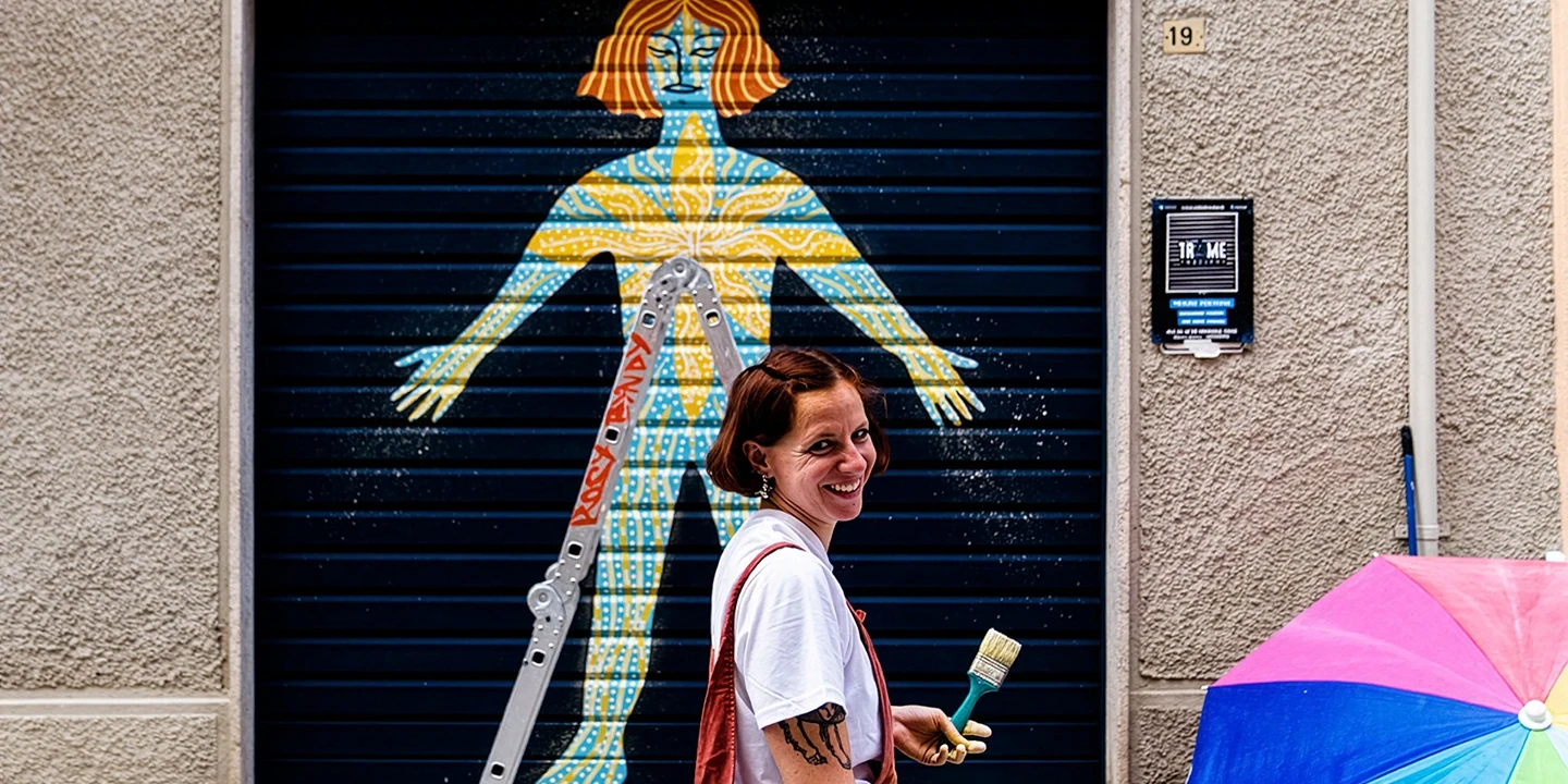 Fotografia dell'artista, ripresa durante la creazione di opera su serranda.