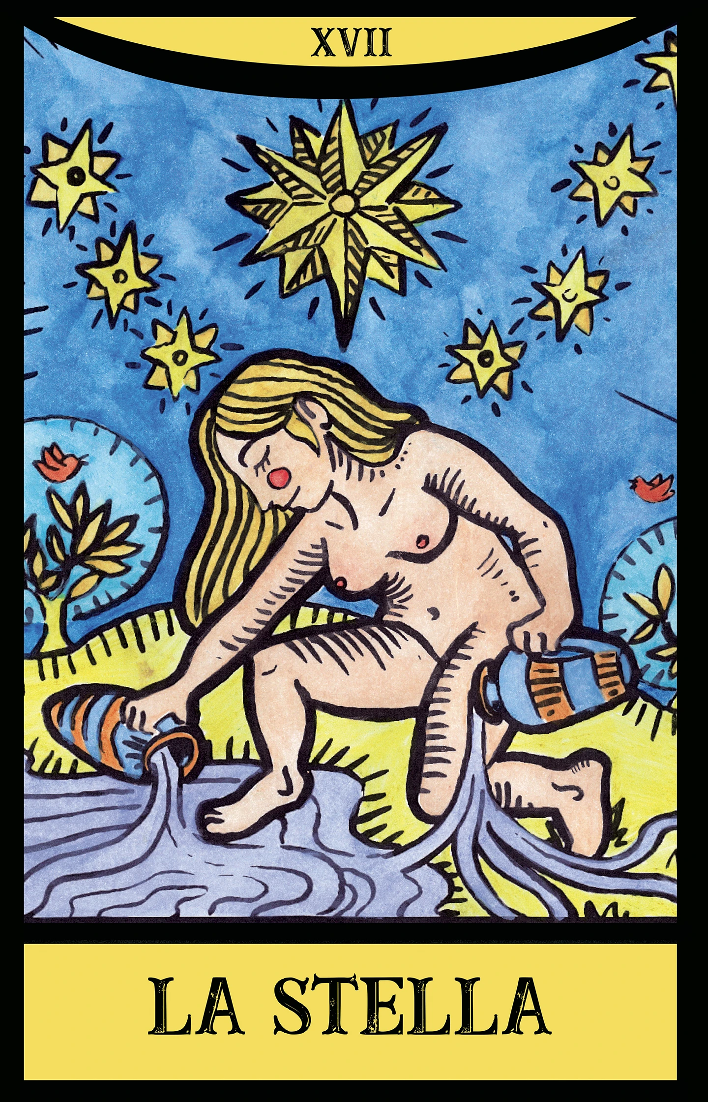 Illustrazione dell'arcano maggiore numero XVII, "La Stella". Una figura femminile nuda è inginocchiata in un paesaggio naturale e versa acqua da due anfore in un ruscello e sulla terra. Sopra di lei brilla una grande stella dorata a otto punte circondata da stelle più piccole, sotto un cielo azzurro limpido con alberi e uccelli sullo sfondo.