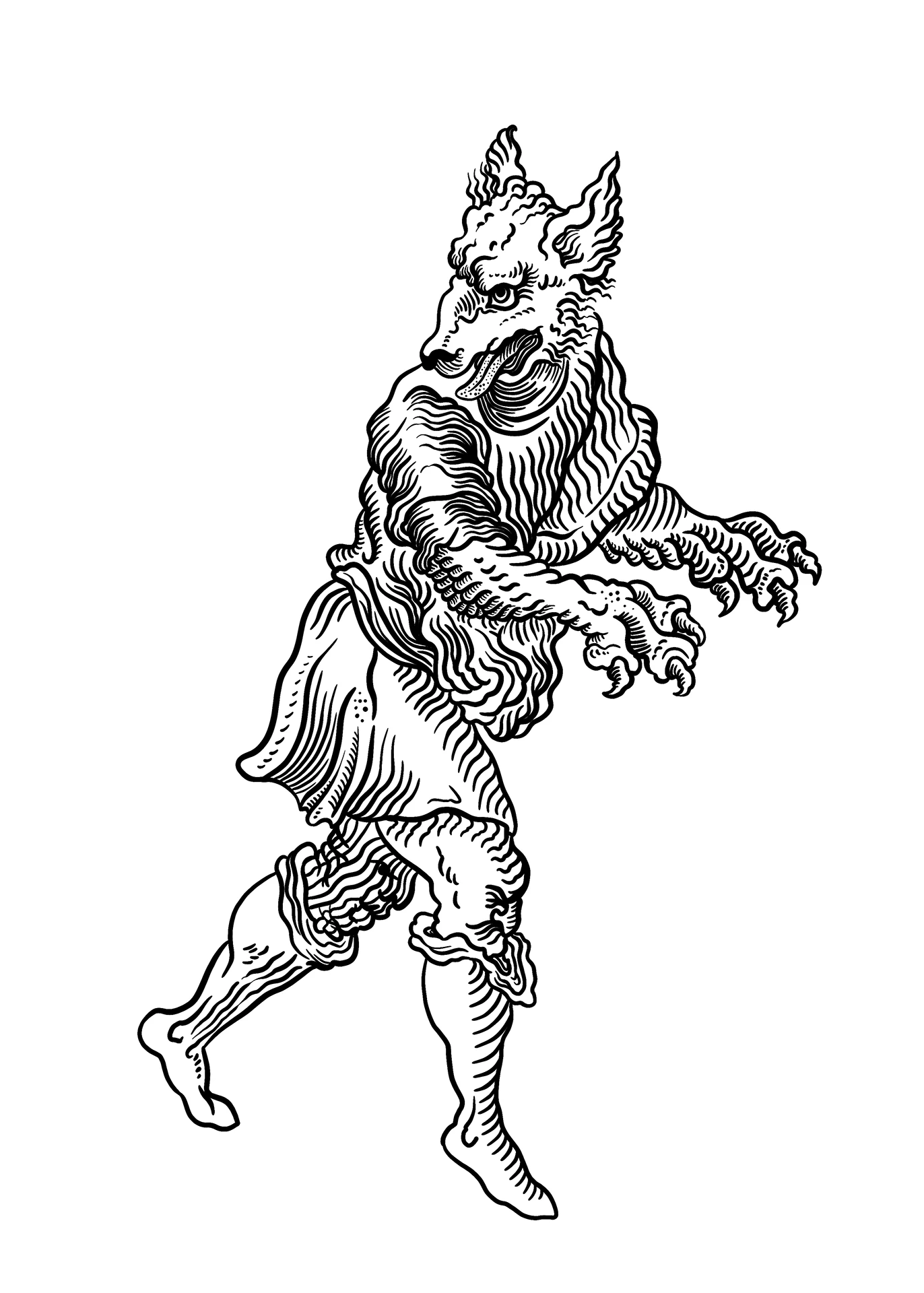 Illustrazione in bianco e nero di una creatura antropomorfa con testa di lupo o sciacallo e corpo umano muscoloso. La figura è colta in una posa dinamica e ferina, mostrando il tratto dettagliato a china dell'artista.