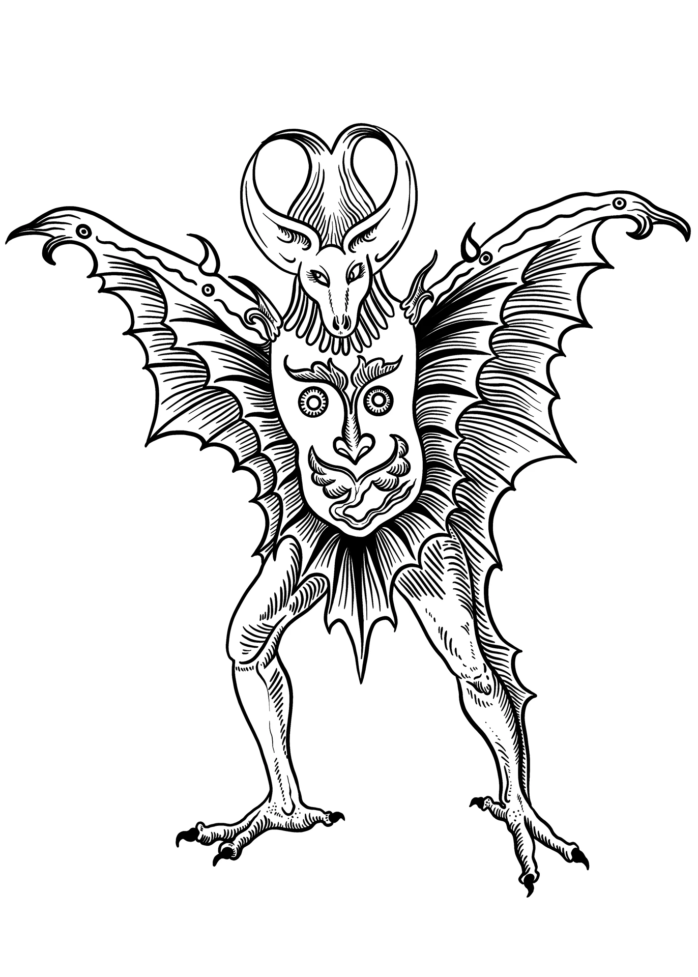 Illustrazione in bianco e nero di una creatura demoniaca alata con un volto stilizzato sul torso. La figura presenta corna ricurve e zampe artigliate, elementi tipici dell'iconografia del Sabba rivisitata da Rosmunda.