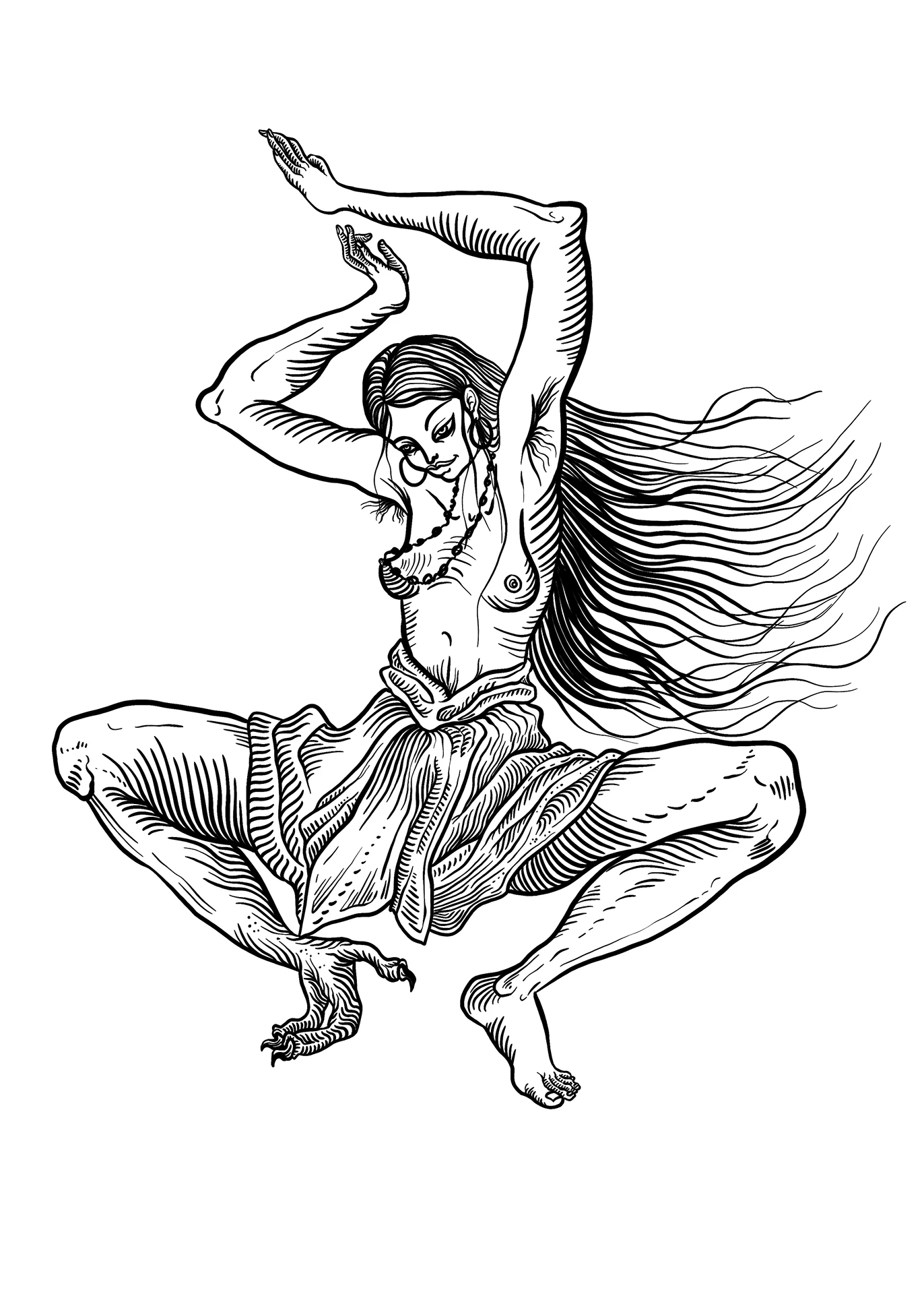 Illustrazione di una figura femminile mitologica con gambe ferine, colta in un movimento di danza rituale con le braccia sollevate. I lunghi capelli fluenti si intrecciano con il tratto grafico dettagliato.