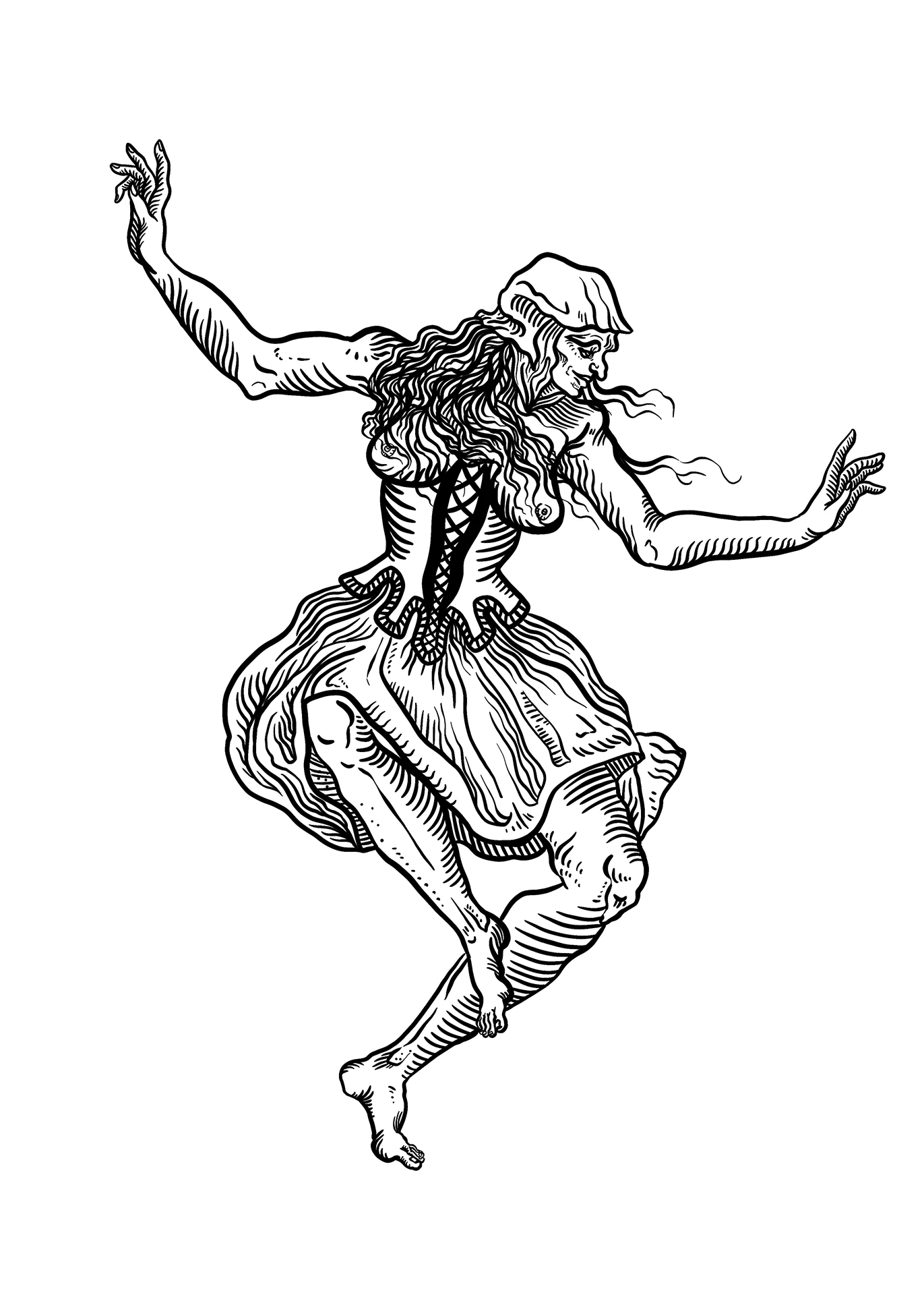 Disegno a china di una figura femminile con corsetto che danza con le braccia protese. Il movimento dei capelli e della gonna sottolinea l'estetica frenetica e celebrativa dell'opera "Il Sabba".