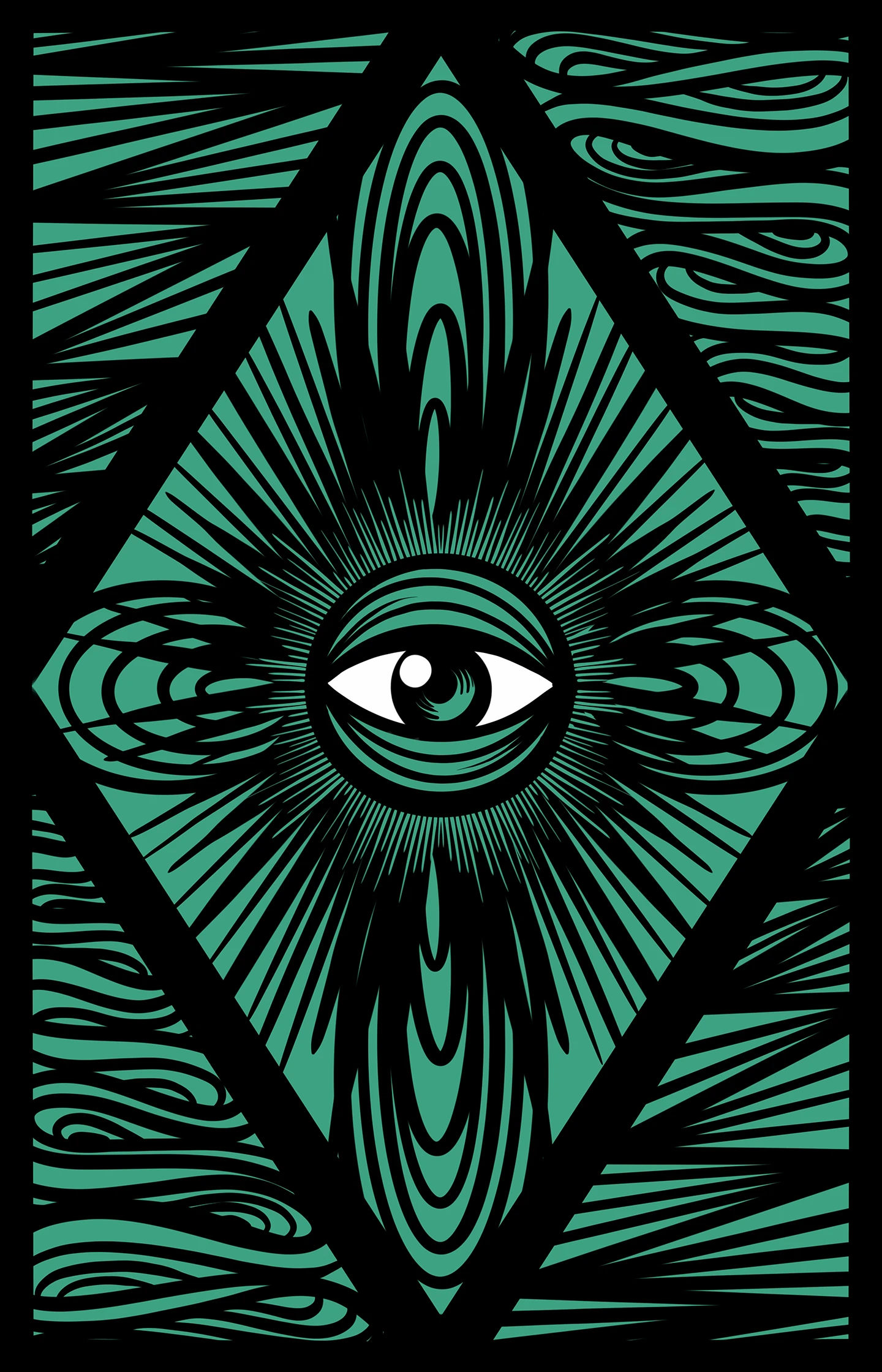 Illustrazione del retro delle carte dei Tarocchi. Un rombo centrale di colore verde smeraldo racchiude un occhio umano realistico, circondato da un'esplosione di linee grafiche sinuose e ipnotiche che si stagliano su uno sfondo nero. La composizione è simmetrica e richiama motivi organici e psichedelici.