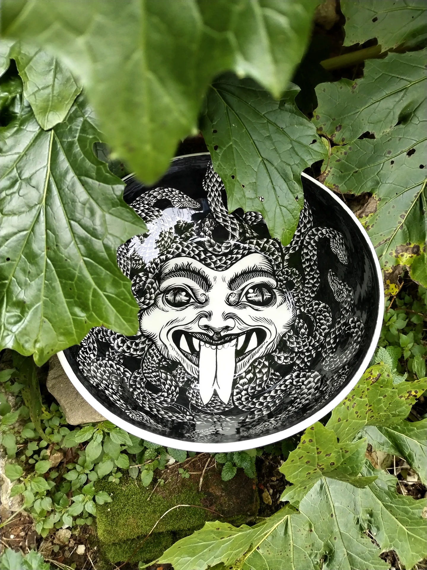 Opera in ceramica di Rosmunda intitolata "Medusa", costituita da una ciotola dipinta a mano e adagiata tra il fogliame in un contesto naturale. L'interno della ciotola raffigura il volto della Gorgone in bianco e nero, caratterizzato da un'espressione grottesca con lingua biforcuta sporgente e una capigliatura composta da serpenti neri intrecciati.