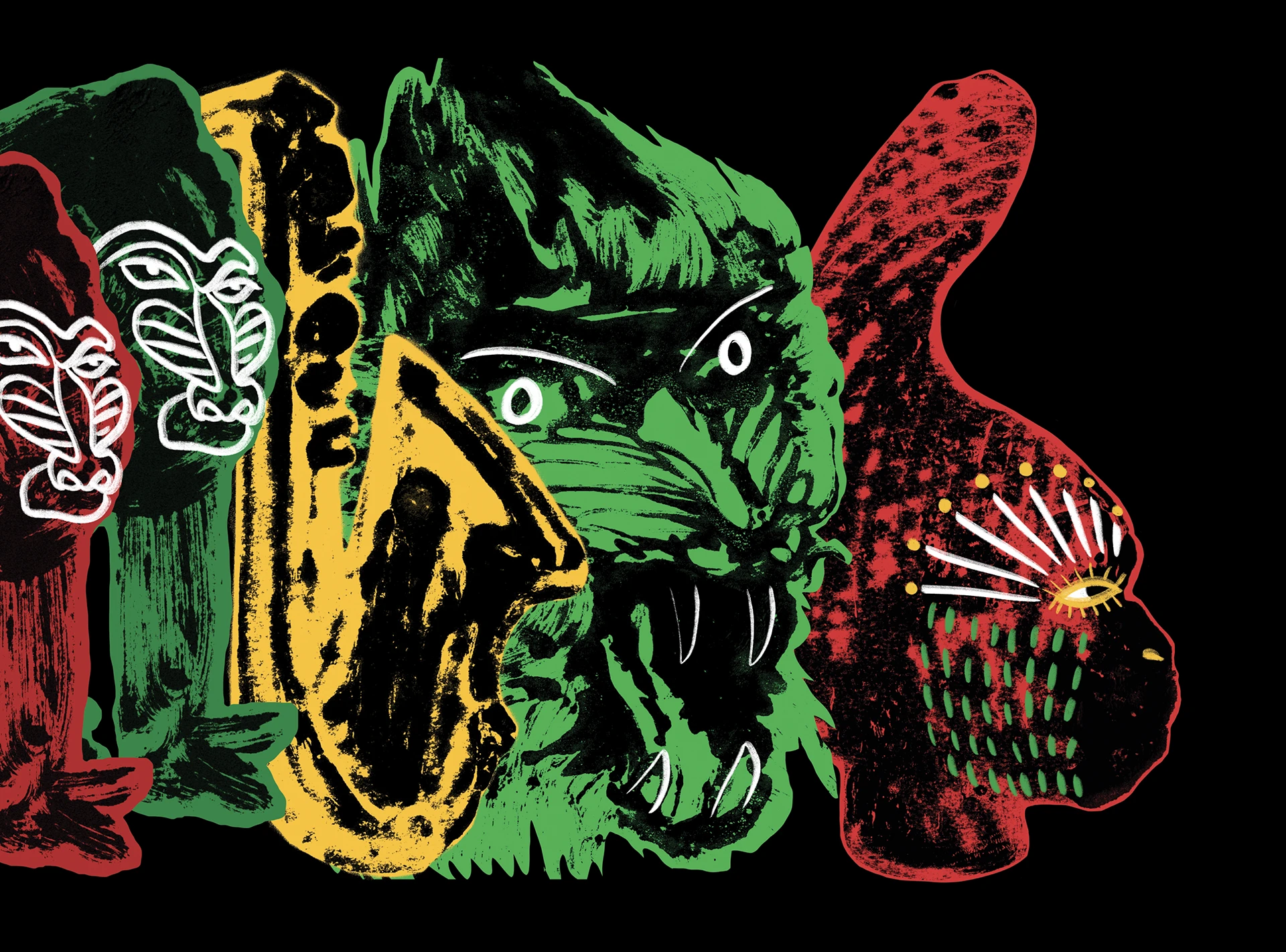 Primo piano della parte destra dell'opera su fondo nero. Specchiando e differendo legegrmente il lato sinistro, spicca il profilo di una scimmia urlante stilizzata in verde, affiancata da un sassofono giallo oro.