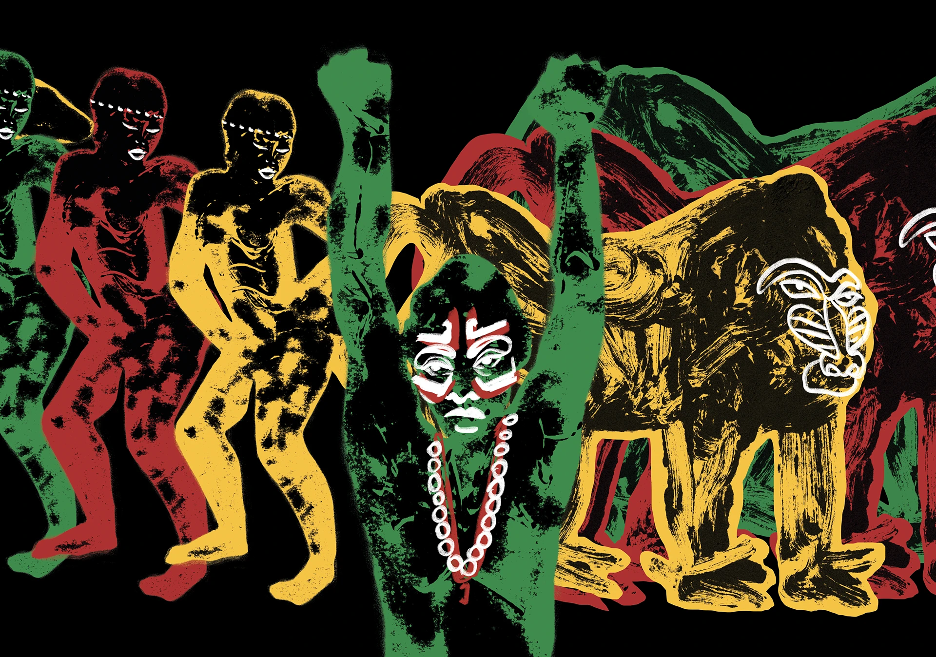 Porzione centrale dell'illustrazione che mostra una parata di scimmie e figure umane con volti dipinti. I colori vibranti rosso, giallo e verde celebrano l'energia dell'afrobeat e il dissenso politico.