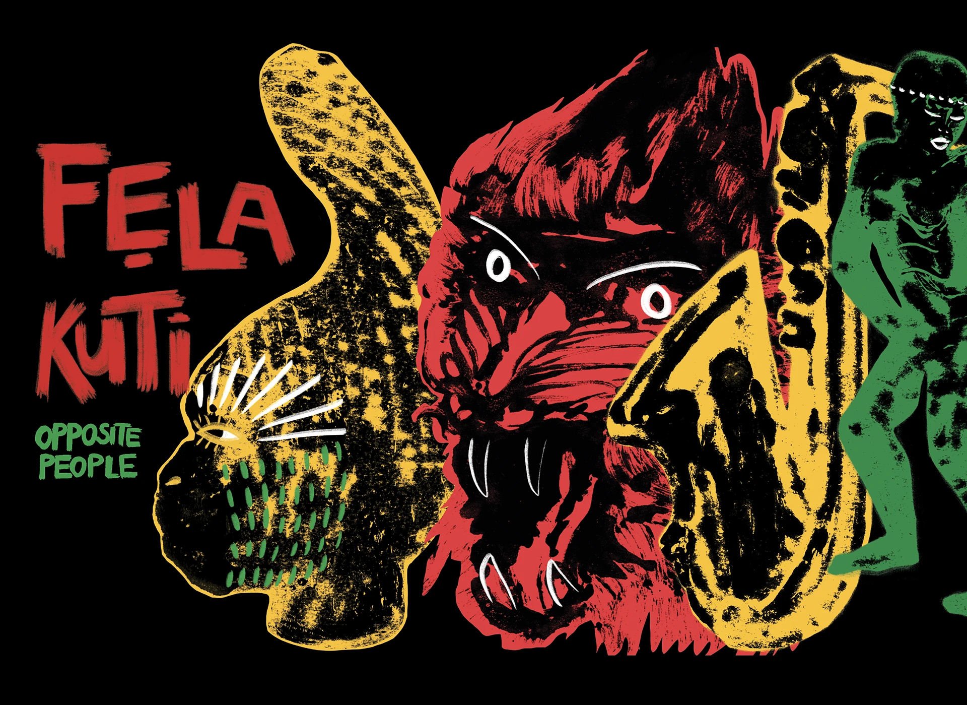 Primo piano della parte sinistra dell'opera su fondo nero. Accanto ai nomi "FELA KUTI" e "OPPOSITE PEOPLE" spicca il profilo di una scimmia urlante stilizzata in rosso, affiancata da un sassofono giallo oro e da ballerini.