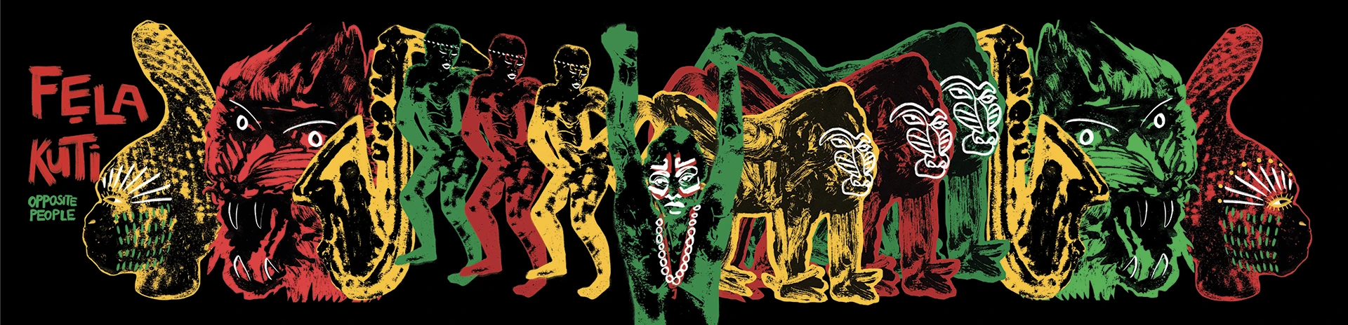 Un'illustrazione orizzontale su fondo nero che traduce visivamente il brano di Fela Kuti. Una parata di figure antropomorfe, musicisti e animali selvaggi è resa con colori neon contrastanti: rosso, giallo e verde. Al centro, una figura con il volto dipinto emerge come simbolo di resistenza e performance, circondata da sassofoni e pattern tribali che celebrano il dissenso come atto creativo.