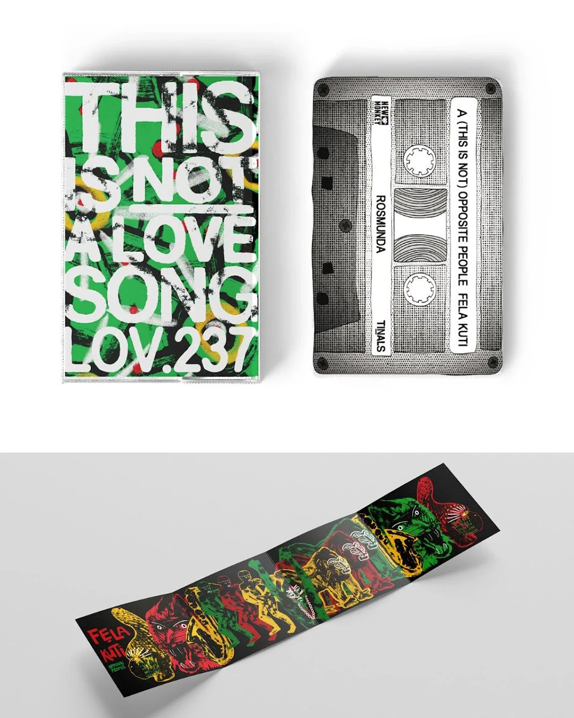 Presentazione fotografica del progetto "Opposite People" per la collana This is not a Love Song. L'immagine include la cover della cassetta musicale con grafica tipografica verde acido, il nastro della cassetta personalizzato con etichetta "Rosmunda" e l'inserto leporello completamente disteso che mostra l'illustrazione orizzontale ispirata a Fela Kuti.