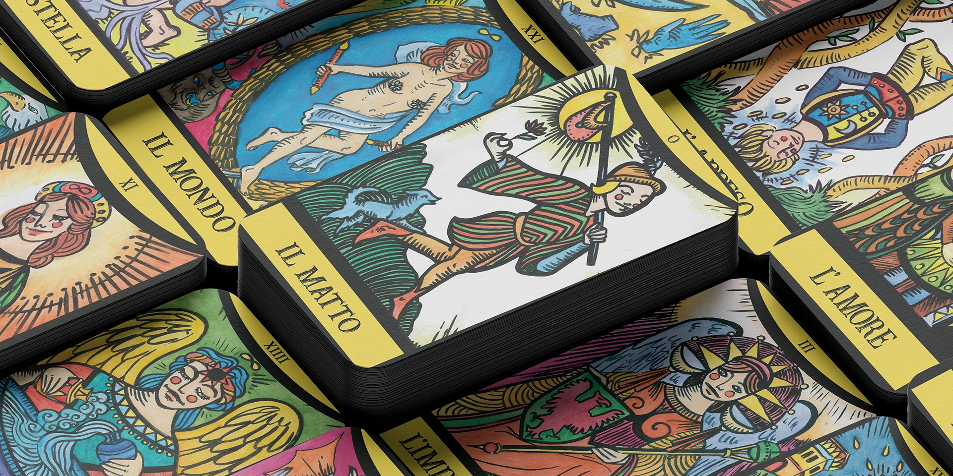 Un’esplosione di simbolismi e colori: il mazzo di tarocchi di Rosmunda reinterpreta gli arcani maggiori attraverso un tratto contemporaneo e vibrante. Le carte, qui ritratte in una composizione dinamica, svelano un universo magico dove figure classiche come il Matto e il Mondo prendono nuova vita tra accesi contrasti cromatici.