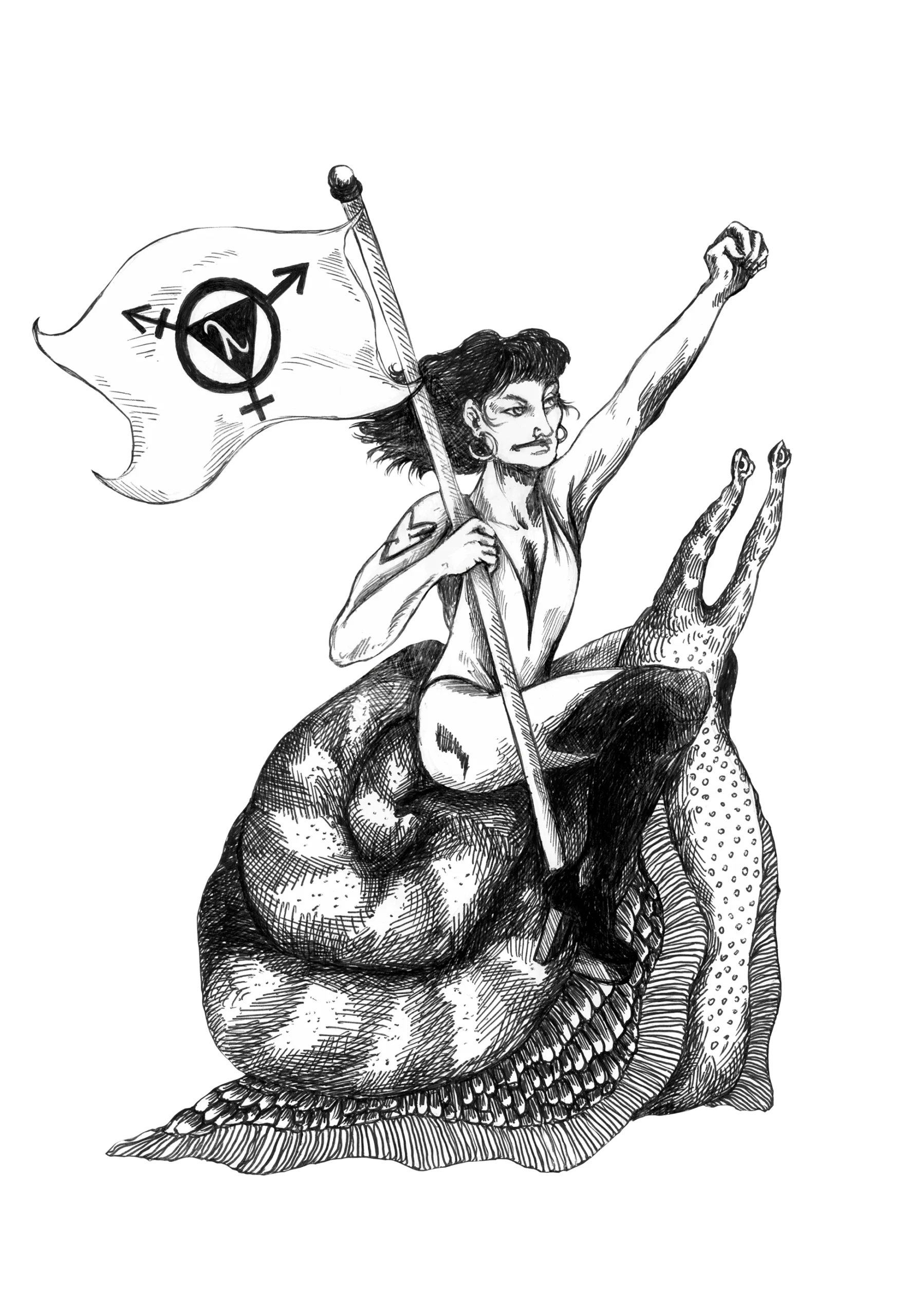 Disegno originale a inchiostro che raffigura una figura fiera a cavallo di una lumaca gigante, mentre solleva un pugno e una bandiera con il simbolo trans-femminista. L'opera gioca con il contrasto tra il movimento dinamico dei personaggi e lo sfondo bianco pulito.