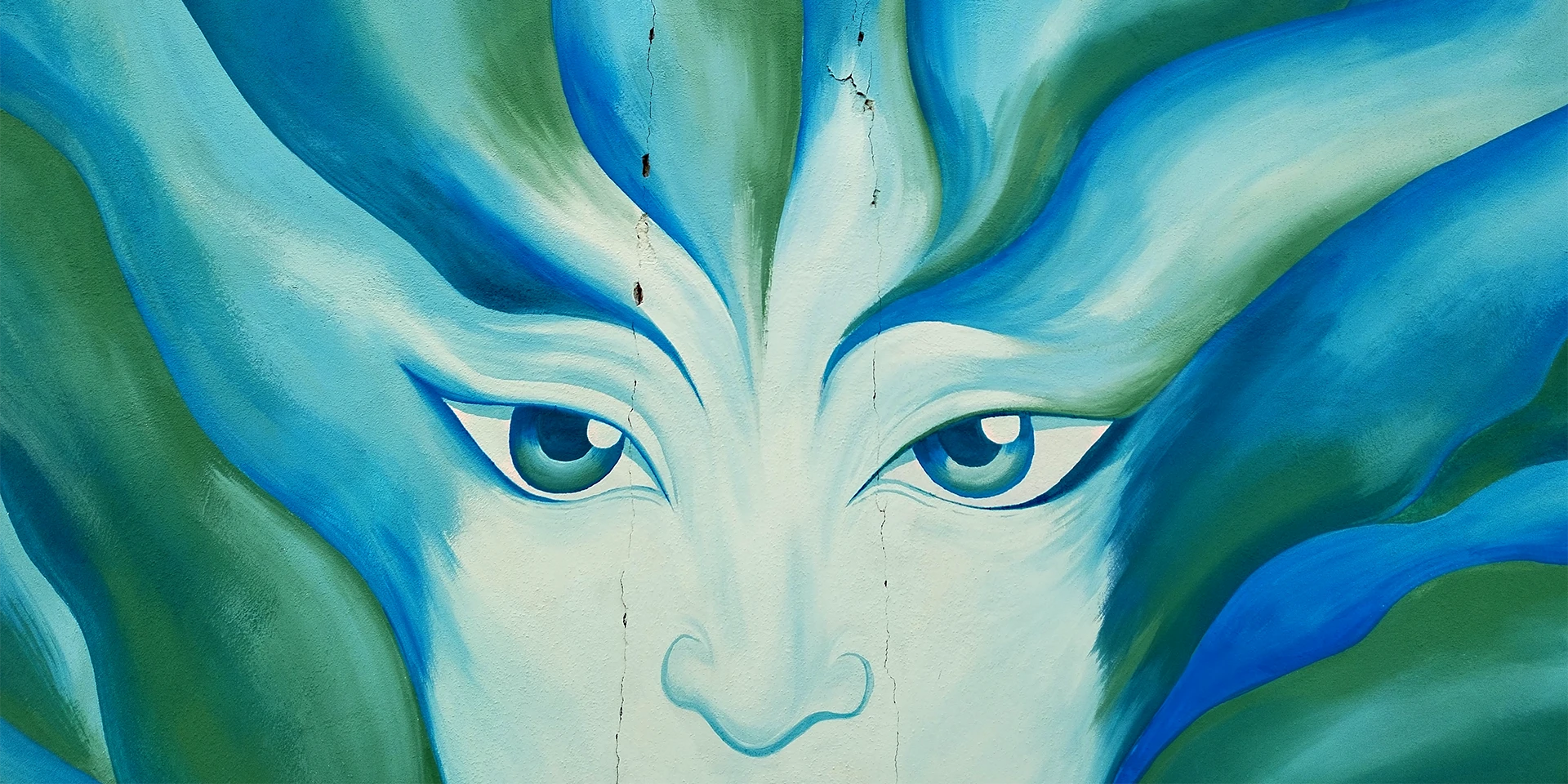 Dettaglio orizzontale del murale Agave di Rosmunda che ritrae in primo piano un volto femminile stilizzato con grandi occhi azzurri, le cui fattezze e i capelli si fondono con foglie carnose e appuntite nelle tonalità del verde e del blu.