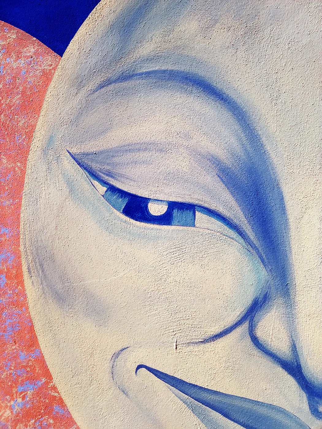 Dettaglio ravvicinato dell'occhio sinistro della luna antropomorfa del murale "Il Segreto di Villa Chioso", caratterizzato da linee blu decise su fondo bianco e sfumature arancioni e rosa sullo sfondo.