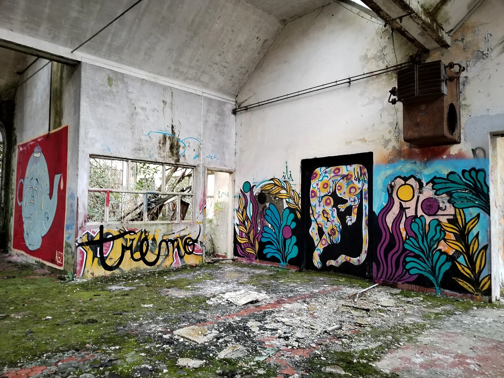 Ampia panoramica interna di una stanza industriale decadente con pareti decorate da murales colorati, tra cui una teiera stilizzata sulla sinistra e pattern vegetali che incorniciano una porta centrale. Di fianco notiamo un'altra opera murale di un artista.