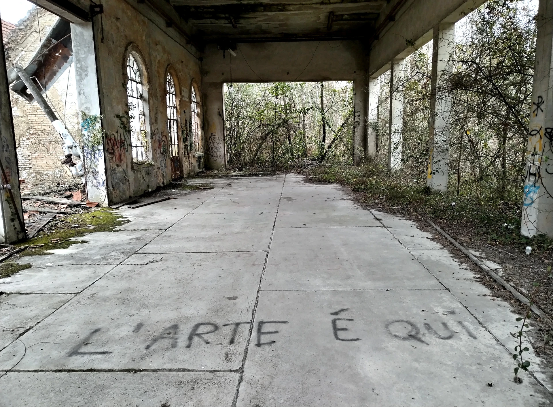 Dettaglio della fabbrica abbandonata. A terra leggiamo "L'ARTE È QUI"